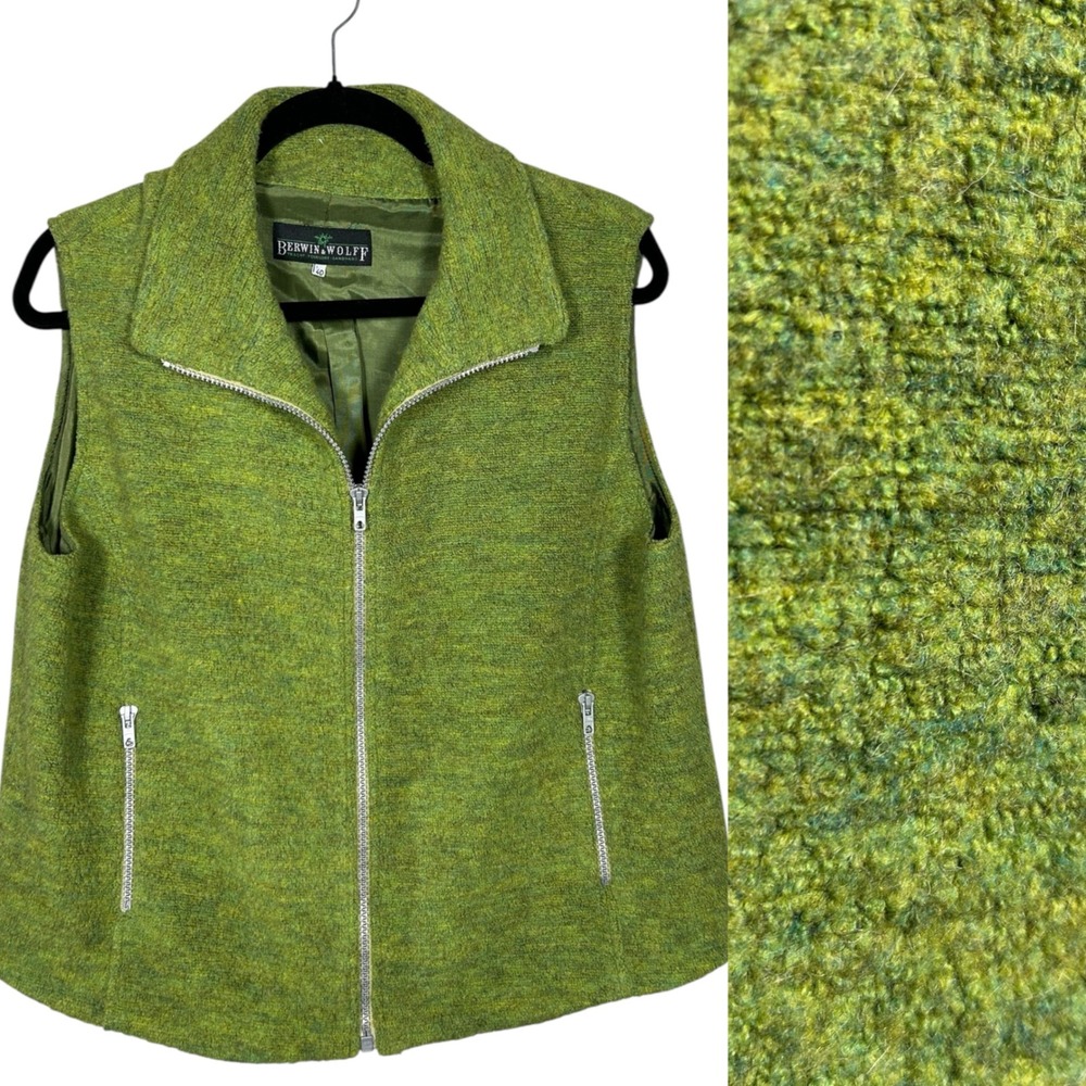 Berwin Wolff Wool Blend Vest Women's Size 40 Green‎ Zip Up Pockets Sleeveless